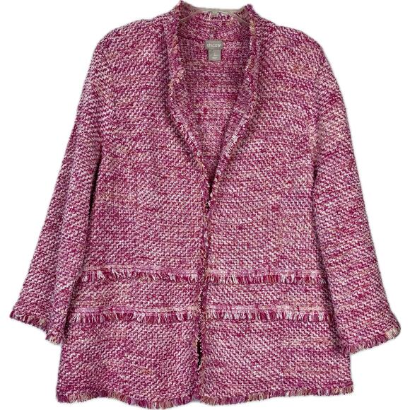Chico's Jackets & Blazers - Chicos Textured Tweed Cardigan Sz 2 US L/12 Blazer Jacket Fringe Pink 3/4 Sleeve